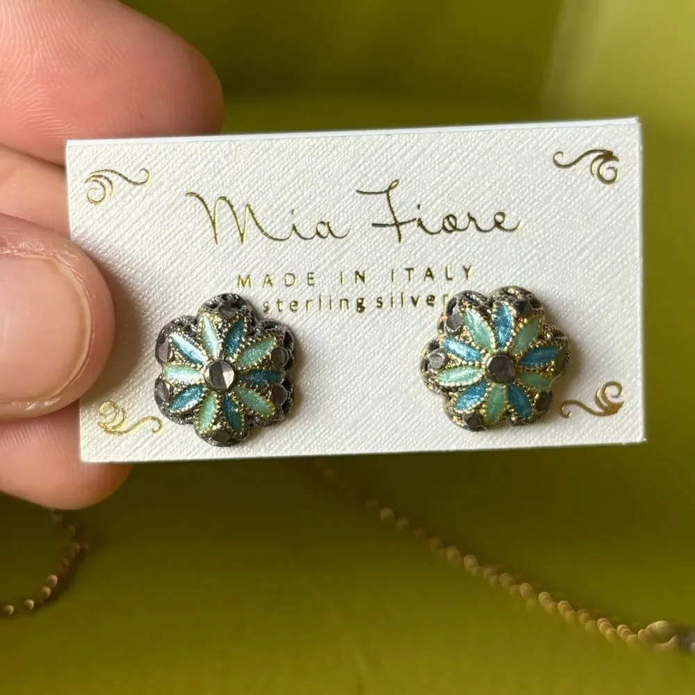 Mia Fiore Dyadema Sterling Silver Enamel Floral Necklace Earrings Made in Italy
